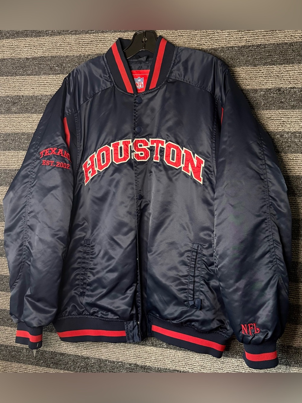 Vintage Y2K Houston Texans Navy/Red NFL Football Satin Bomber Jacket Men’s XL
